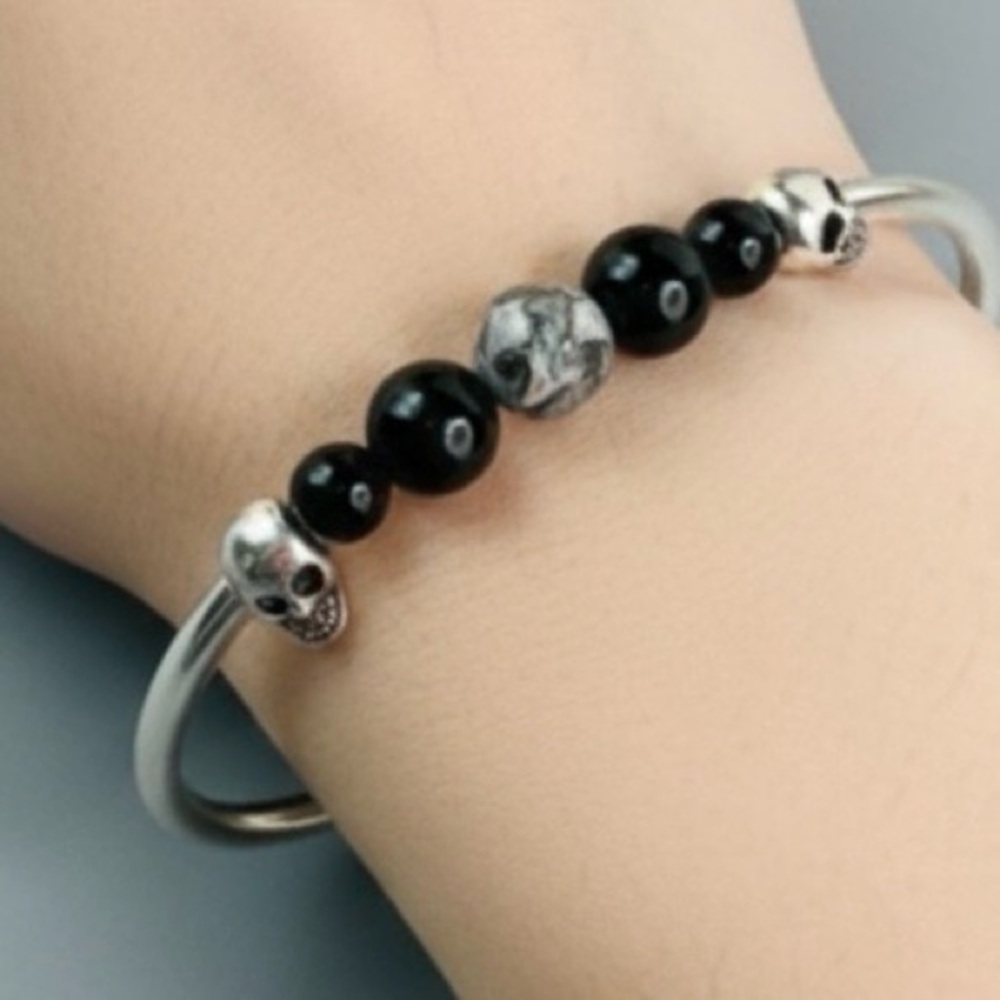 HAND CRAFTED Skulls, Crazy Lace Agate & Onyx Bracelet Black Silver 7” 8mm NWT